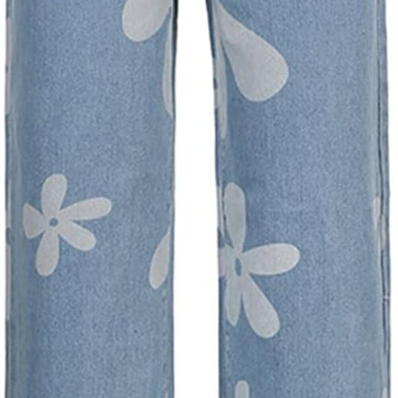 Women's Flower Print Y2K Fashion Wide Leg High Waist Denim Pants Boyfriend Jeans - Picture 4 of 6